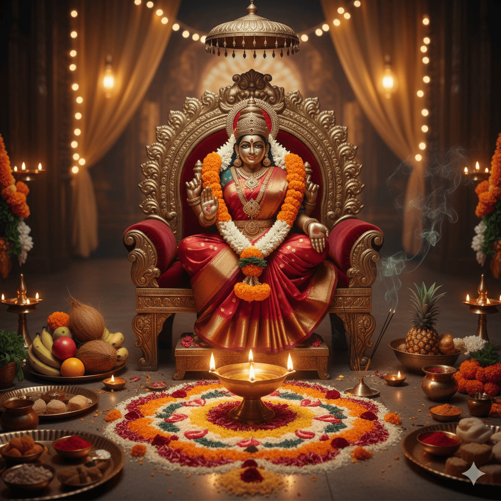 Lakshmi pooja altar decorated with flowers and diyas